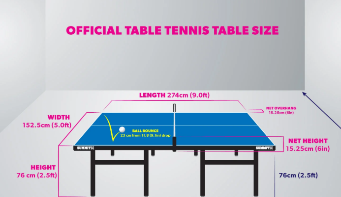 탁구대의 길이 274cm, 너비 152.5cm, 높이 76cm와 네트 높이 15.25cm 안내